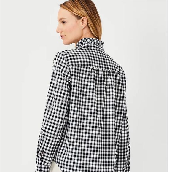 Ann Taylor XXSP Petite Gingham Ruffle Shirt Black Multi Black and White - Picture 3 of 6